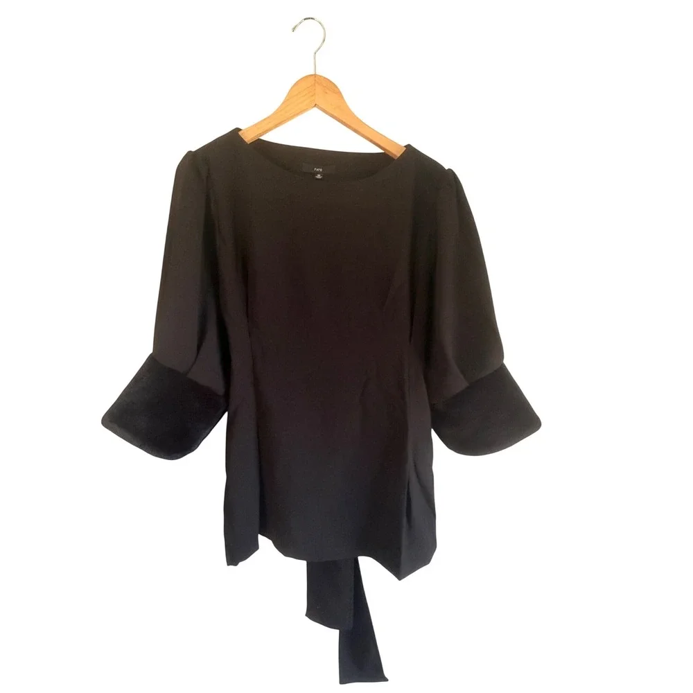 Fate Womens Black Puff Sleeve Velvet Cuff Tie Back Blouse Top Size M